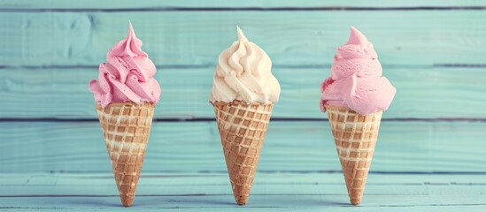 Three ice cream cones displayed on a vintage blue wooden background.