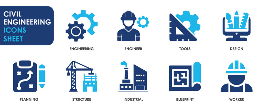 Civil Engineering icon set. Containing blueprint, engineer, tools, structure and so on. Icons set related to an engineer.