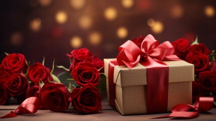 Valentines day romantic background red roses and gift