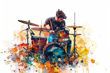 illustration of a drummer playing the drum set - obrazy, fototapety, plakaty