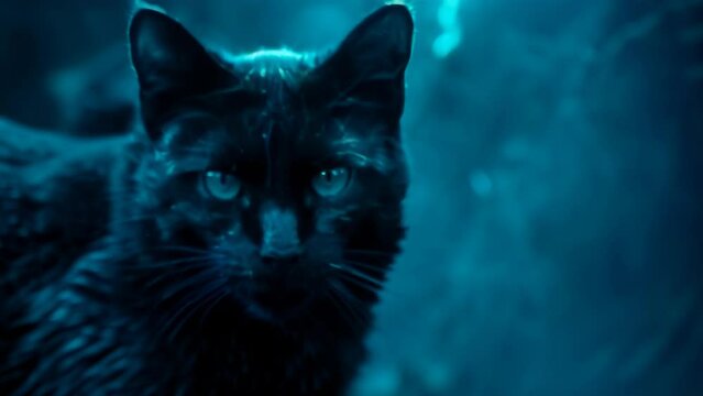 Piercing blue eyes of a black cat gleam in the darkness, its sleek fur shimmering with an air of mystery and elegance. 