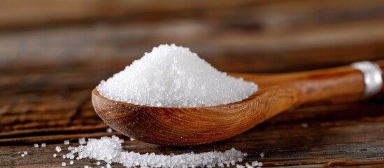 Fototapeta na wymiar White sugar in a wooden spoon on a wooden table.