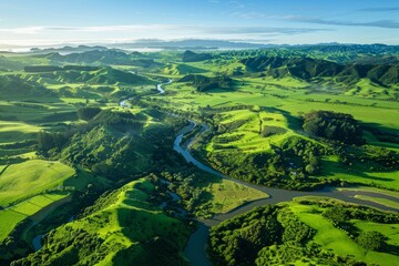 A mesmerizing aerial vista of a lush green countryside, with rolling hills, meandering rivers, and patchwork fields under a clear blue sky, Generative AI