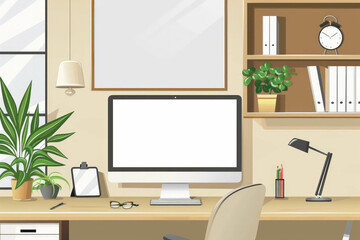 Discover the simplicity of a minimalist office setup in this digitally enhanced desktop view, with a computer styled in light gray and beige tones against a matte background. AI generative.