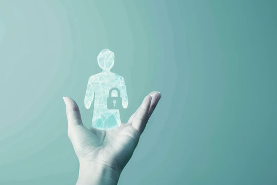 A digital person holds hand with a lock symbol, depicting online security, in a light blue shaped canvas with sharp focus. AI generative.