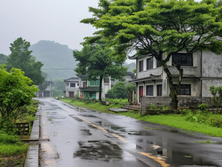 In the rain, there was an old street with houses on both sides in China's rural areas and small villages