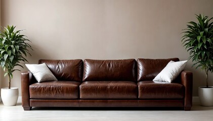 Minimalist White Living Room with Orange Leather Sofa