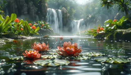 Foto op Canvas A beautiful waterfall in the middle of a jungle with a pond of water lilies in the foreground. © Orawan