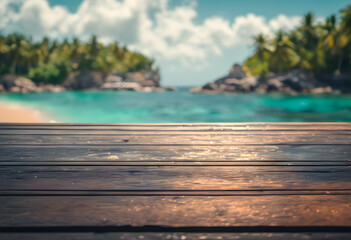 Wooden pier overlooking a tropical beach with clear blue water and lush palm trees in the...