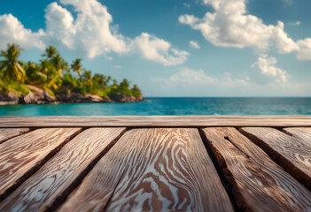 Fototapeta premium Wooden deck overlooking a tropical beach with palm trees and clear blue water under a sunny sky.