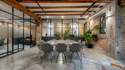 Modern coworking office featuring a spacious meeting room with a large table, gray chairs, exposed concrete beams, and a transparent glass partition