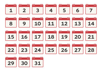 Days of the month calendar icon set. Vector illustration collection with numbered dates.
