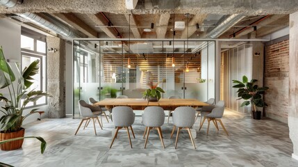 Modern coworking office featuring a spacious meeting room with a large table, gray chairs, exposed concrete beams, and a transparent glass partition