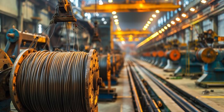 A large spool of cable stands out in this industrial factory scene, with machines and orange lights providing a warm glow in the background