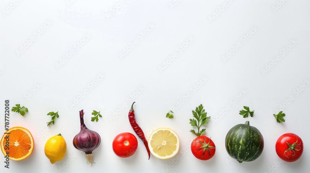 Wall mural organic food background and copy space food photography different fruits and vegetables isolated whi