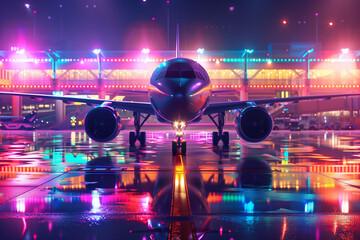 Airplane Parked on Wet Tarmac at a Vibrantly Lit Airport During Evening Hours, Generative ai - obrazy, fototapety, plakaty