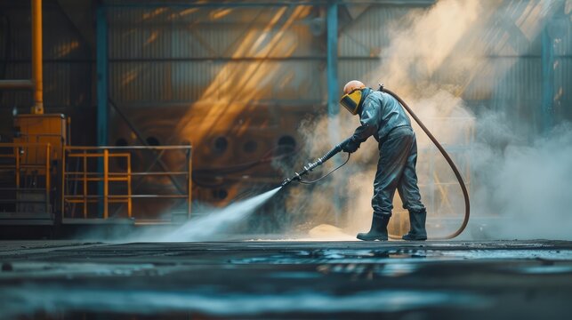 Sand blasting process, Industial worker using sand blasting process preparation cleaning surface on steel before painting in factory workshop.
