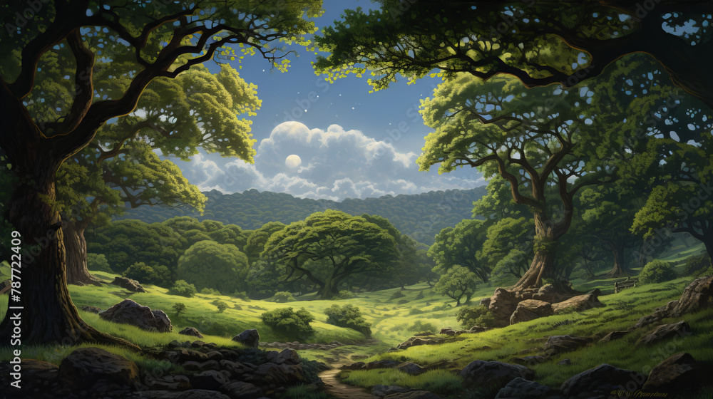 Poster a forest scene with a large tree in the foreground