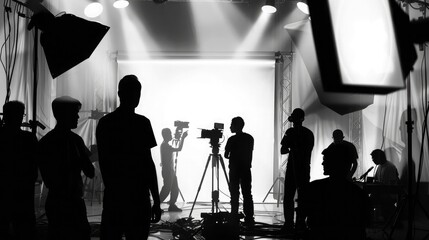 Silhouette images of video production behind the scenes making of TV commercial movie that film crew team lightman and cameraman working together with film director in studio film production concept