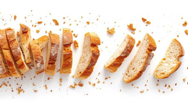 Sliced bread isolated on a white background. Bread slices and crumbs viewed from above. Top view
