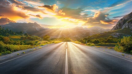 Straight asphalt road and mountain with sky clouds background at sunset - obrazy, fototapety, plakaty