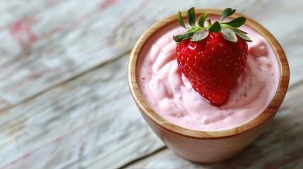 strawberry yogurt with fresh strawberry in heart-like formed on wooden white background