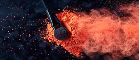 A close shot of peach powder explosion with makeup brush with a dark backdrop with a big space for text or make up product advertisement, Generative AI. - obrazy, fototapety, plakaty