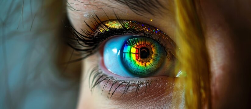 Detailed view of a female eye showing a vibrant rainbow-colored iris, displaying a mesmerizing spectrum of colors