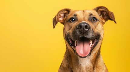 Studio headshot portrait of fawn colored mixed breed dog looking forward and smiling with tongue out against yellow background