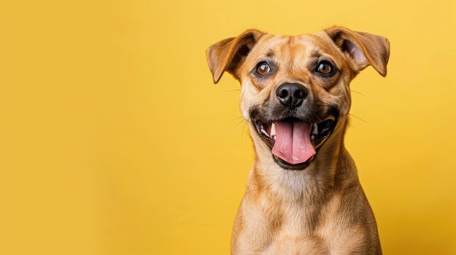 Studio headshot portrait of fawn colored mixed breed dog looking forward and smiling with tongue out against yellow background