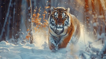 Tiger in wild winter nature, running in the snow. Action wildlife scene with dangerous animal - obrazy, fototapety, plakaty