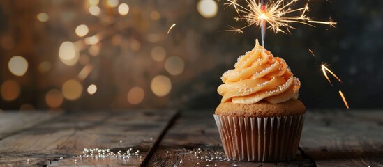 Orange cupcake with a sparkler and empty space on the side