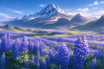 Beautiful flower field in the mountains, path leading to distant peaks, colorful clouds at sunset, misty valley, winding road through green hills, vibrant flowers blooming on grassland, serene landsca