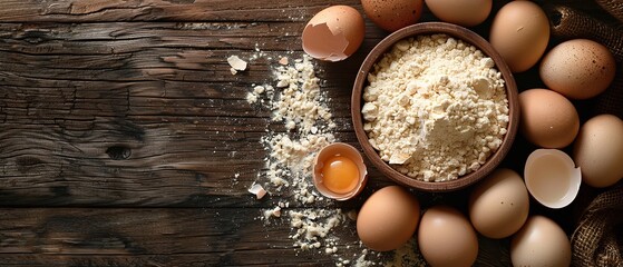 Top view of a bowl of egg shell powder and egg shell in a wooden backdrop with a big space good for foods and plant, Generative AI.