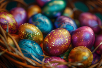 Fototapeta na wymiar In celebration of spring, colorful Easter eggs are arranged in a basket, Generative ai