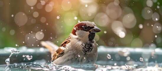 A bird is comfortably perched on the rim of a bird bath, enjoying a moment of rest and relaxation - obrazy, fototapety, plakaty