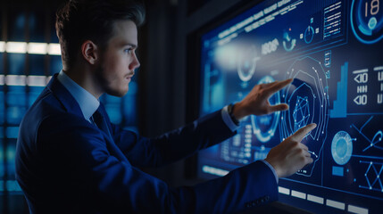 Futuristic data analysis by businessman