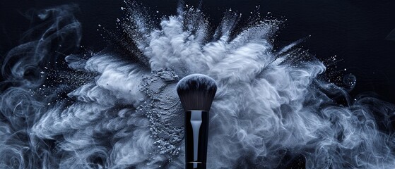 A close shot of silver powder explosion from make up brush on a dark backdrop with a big space for text or beauty product backdrop, Generative AI.