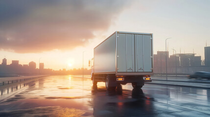 Fototapeta premium Sunrise highway commute with delivery truck