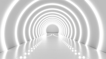 Obraz premium Abstract white background with glowing neon light tunnel, modern futuristic wallpaper for product presentation in the style of high tech. Background for advertising banner and mockup design