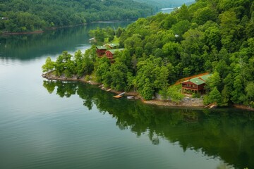 Fototapeta premium A panoramic aerial vista of a serene lakeside retreat, with tranquil waters, verdant forests, and cozy cabins nestled along the shoreline, Generative AI