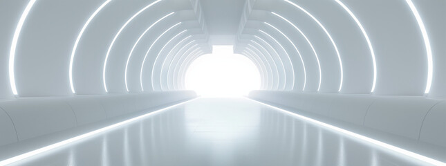 Fototapeta premium Abstract white tunnel with glowing neon light arch in the background. White empty room interior design in the style of a futuristic technology concept, mock up for product presentation or backdrop