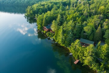 A panoramic aerial vista of a serene lakeside retreat, with tranquil waters, verdant forests, and cozy cabins nestled along the shoreline, Generative AI