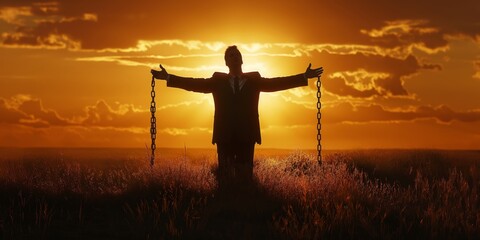 Silhouette of a man with open arms breaking chains during sunset, symbolizing freedom and liberation - obrazy, fototapety, plakaty