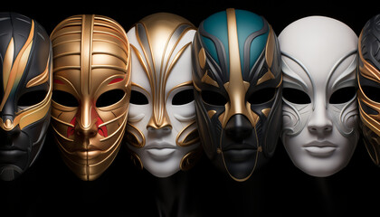 A row of masks with gold and black designs