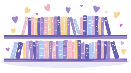 A vibrant array of illustrated books line two shelves, adorned with floating hearts to evoke a sense of love for reading