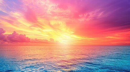 A stunning image capturing the serene beauty of a sunset with radiant colors reflected over calm ocean waters, invoking a sense of peace