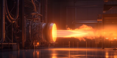 An impressive display of power as a rocket engine is tested, fiery blast and heat distortion visible - obrazy, fototapety, plakaty