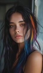 Woman with colorful hair by window