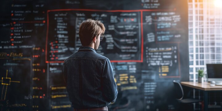 A focused young man analyzing intricate data and algorithms on a large blackboard in a bright office space